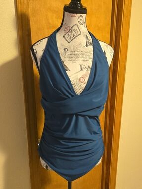 Cupshe Ruched Twist Front Halter One-Piece Swimsuit in Deep Teal Blue XL